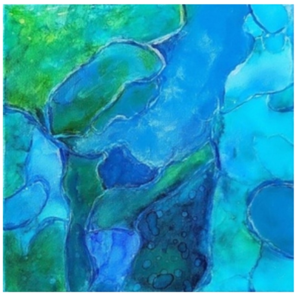 Hand Crafted Green and Blue Abstract Design 12 x 12 Inches Canvas Painting - Picture 2 of 4